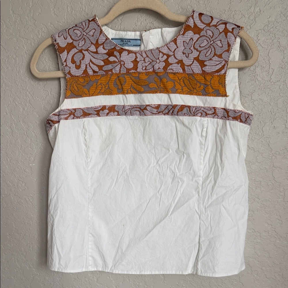 Prada White Tank Top with Orange and Light Purple Floral Trim